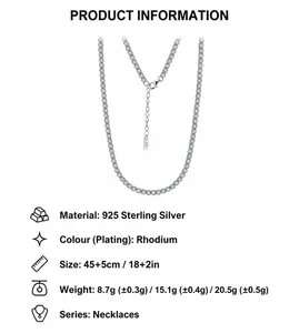 Macro detail of S925 sterling silver tennis necklace with rhodium plating and size specifications