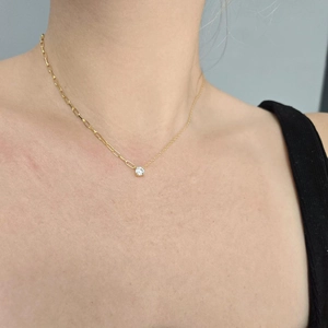 Minimalist S925 sterling silver necklace with zircon pendant and asymmetric gold chain