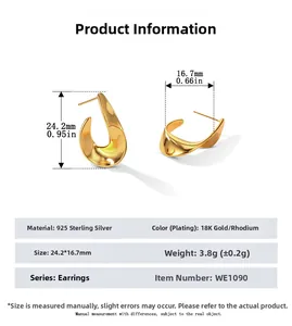 Detailed view of twisted gold-plated S925 sterling silver earrings with dimensions