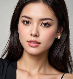 Close-up of model wearing gold flower sunburst stud earrings with micro-set zircons