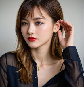 Close-up of golden geometric quilted stud earrings and a thin ring necklace on a model