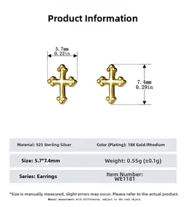 Detailed technical diagram of small S925 silver cross studs with exact dimensions
