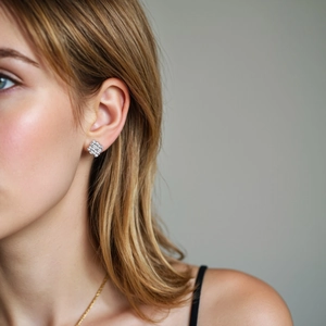 Close-up of S925 sterling silver quilted earrings with diamonds on a female model