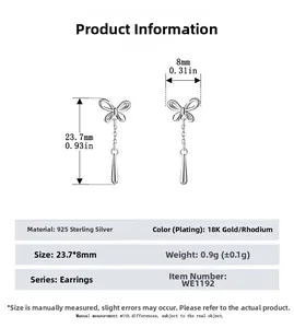 Detailed dimensions of butterfly drop earrings in S925 sterling silver with 18K gold finish