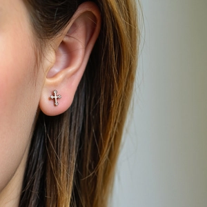 Minimalist S925 sterling silver cross stud earrings with vintage floral carving for women