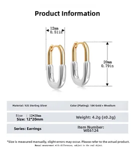 Detailed size chart for 925 sterling silver geometric U-shaped two-tone earrings