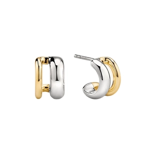 Boucles d'oreilles créoles en forme de C bicolores or 18 carats et argent poli multicouche