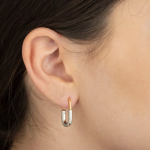 Minimalist 925 sterling silver U-shaped hoop earrings with two-tone gold and silver finish