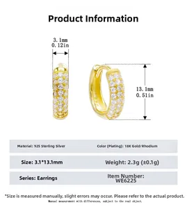 Detailed view of 925 sterling silver gold earrings with zircon inlay measurements