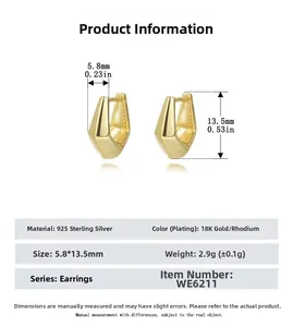 Detailed view of geometric S925 sterling silver hoop earrings with dimensions 13.5mm by 5.8mm