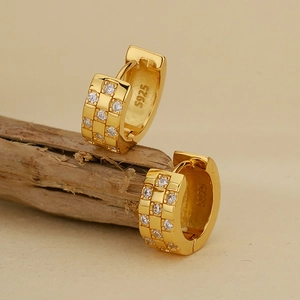 925 Sterling Silver Checkerboard Micro Pave Rhinestone Hoop Earrings For Women Fashion Light Luxury Geometric Huggie Jewelry