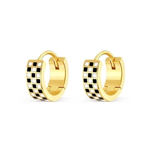Boucles d'oreilles anneaux S925 en argent doré avec motif damier noir et blanc émaillé