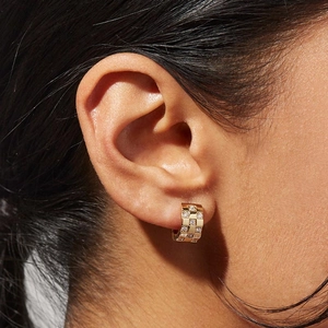 Chic 925 sterling silver gold checkered hoop earrings with micro-paved sparkling crystals