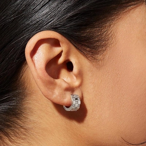 S925 sterling silver checkerboard hoop earrings with micro-pave cubic zirconia on model