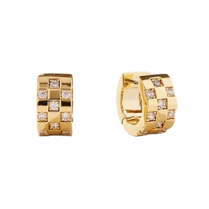 Golden micro-pave checkered hoop earrings with sparkling cubic zirconia on white background