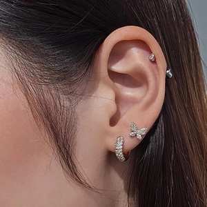 S925 silver gold-plated butterfly stud and pavé crystal hoop earrings on model