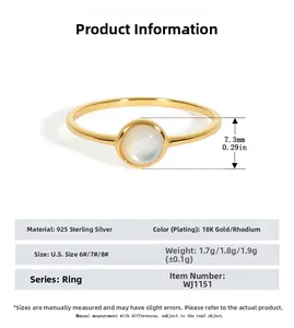 Detailed spec sheet for 925 silver shell ring showing 7.3mm stone and 1.8g weight