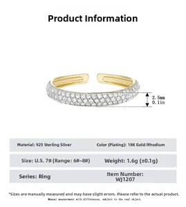 Detailed size specifications for 925 sterling silver adjustable pave zircon ring