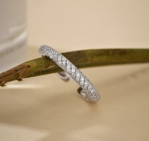 Macro shot of S925 sterling silver ring with micro-pave cubic zirconia on a branch