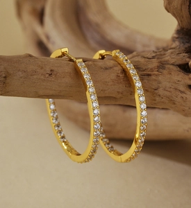 Macro shot of large gold S925 silver hoop earrings with pave diamonds on a branch