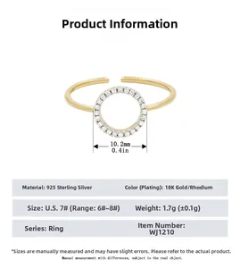 Détail de bague réglable en argent 925 avec motif circulaire creux pavé de diamants