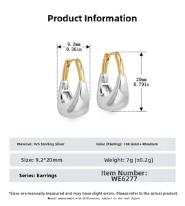 Tableau des tailles détaillé pour boucles d'oreilles en argent S925 bicolore en forme de U