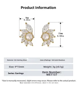 Détails de taille et matériau des boucles d'oreilles en argent S925 avec perles et zircon