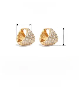 Detailed technical view of S925 sterling silver pave triangular hoop earrings with dimensions