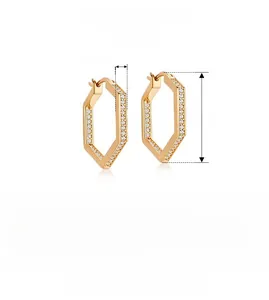 Detailed technical drawing of S925 sterling silver hexagonal hoop earrings with dimensions