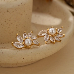 Tige en Argent Sterling 925 Boucles d'Oreilles Puces Zircone Cubique Künstliche Perle Fleur Femme Or Or Blanc Bijoux Floraux
