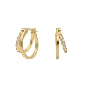Elegant gold double-layer hoop earrings featuring cubic zirconia pavé with polished finish
