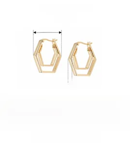 Detail showing 925 sterling silver geometric double hexagon hoop earrings with dimensions
