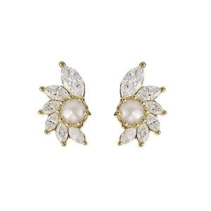 Boucles d'oreilles en argent S925 doré avec pétales de zircon et perle ronde blanche