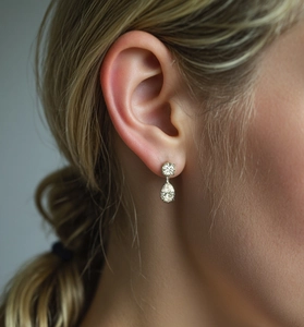 Gros plan de boucles d'oreilles en argent S925 avec zircons en forme de poire sur modèle