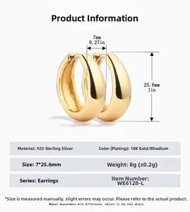 Detailed view of S925 sterling silver hoop earrings with 18K gold plating dimensions