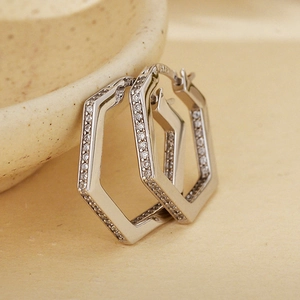 925 Sterling Silver Hexagon Hoop Earrings For Women Luxury Cubic Zirconia Geometric Hexagonal Earrings Fashion Jewelry
