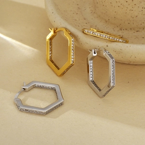Luxurious S925 sterling silver hexagonal hoop earrings with white zircon pave setting