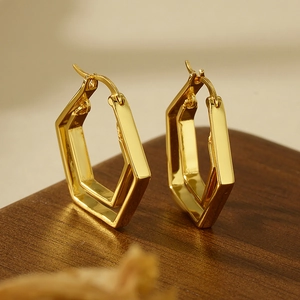Geometric Double Hexagon 925 Sterling Silver Hoop Earrings For Women Minimalist 18K Gold Plated Ear Buckle Fashion Jewelry