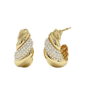 Golden twisted spiral stud earrings with sparkling pave zircon stones in 925 silver