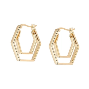 Modern geometric double hexagon gold earrings with a minimalist nested wire design