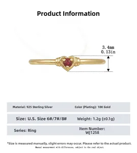 Detailed dimension guide for 18K gold plated S925 silver ring with heart ruby stone