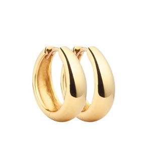 Minimalist thick golden hoop earrings with high-polish finish and crescent teardrop design