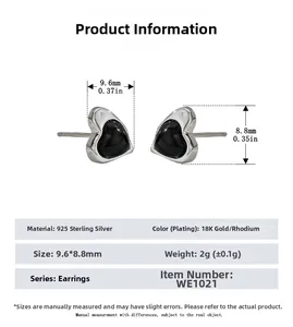 Detailed view of S925 sterling silver heart earrings with black onyx inlay 9.6x8.8mm size