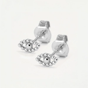 Elegant 925 sterling silver evil eye stud earrings with polished sphere and beaded rim