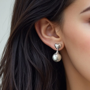 Elegant S925 silver heart stud earrings with round white pearl drop for women