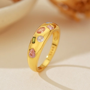 Lussuoso Anello a Cupola in Argento Sterling 925 con Zirconia Colorata per Donna Placcato Oro 18K Gioielli di Moda