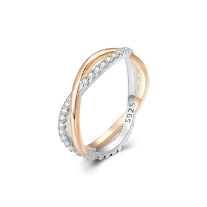 S925 sterling silver dual-tone intertwined ring with rose gold band and pavé cubic zirconia