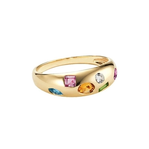 Lussuoso anello in argento S925 con gemme geometriche colorate su fascia dorata