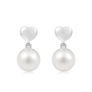 Elegant S925 sterling silver heart earrings with glossy round pearls on white background