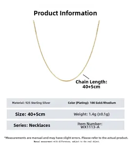 Vue détaillée du collier en argent 925 plaqué or 18 carats avec les spécifications de taille